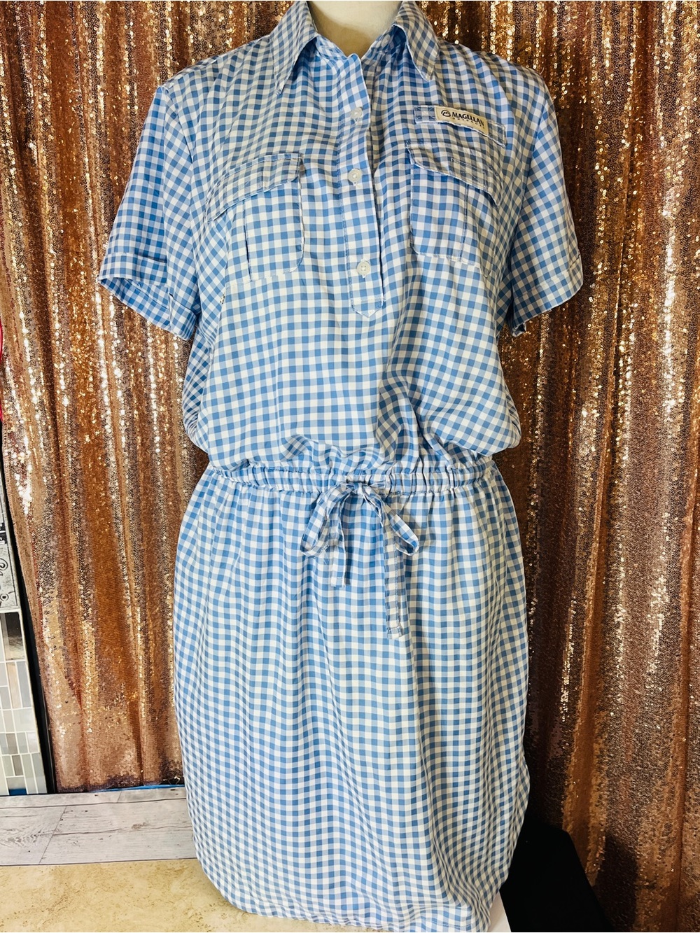 Light Blue Gingham Drawstring Waist Dress by Magellan Outdoors Large